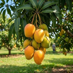 May include: A cluster of ripe, orange-yellow mangoes hanging from a tree branch with green leaves. The mangoes are in various stages of ripeness, with some still green. The background shows a grassy field and other mango trees.