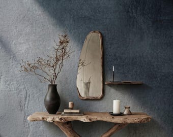 Haltafel van natuurlijk drijfhout met spiegel van organisch hout