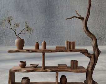 Estantería de madera con borde natural, mueble expositor rústico natural.