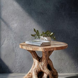 Mesa de centro escultural orgánica, mesa redonda rústica de madera