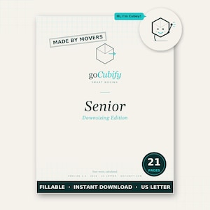 Puede incluir: Documento color crema titulado "Senior Downsizing Edition" con el logo "goCubify". El documento incluye el texto "Made by Movers" y "21 páginas". Un personaje de cubo de dibujos animados dice "Hi, I'm Cubey!"