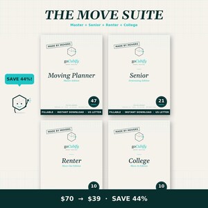 Puede incluir: Planificadores digitales Move Suite para mudanzas, incluyendo ediciones Master, Senior, Renter y College. Cada planificador es rellenable y está disponible para descarga instantánea en tamaño US Letter. El Moving Planner tiene 47 páginas, la edición Senior 21 páginas.