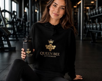 Queen Bee Activewear, Queen Bee Wabenkrone Crop Hoodie | Goldbienen-Logo, alter Geldstil, Workout-Hoodie, abgeschnittener Hoodie für Frauen
