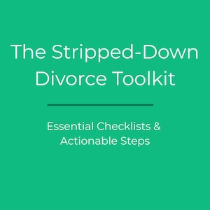 Può includere: Sfondo verde acqua con testo bianco. Il titolo è "The Stripped-Down Divorce Toolkit". Sotto, una linea orizzontale, seguita da "Essential Checklists & Actionable Steps". Il nome dell'autore, "By GEORGIA HERMAN", è in basso.