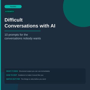 Op de afbeelding: Donkergroene afbeelding met de tekst "Difficult Conversations with AI" in het wit. De afbeelding bevat de tekst "10 prompts for the conversations nobody wants" en aanvullende informatie over het product.