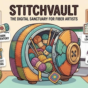 Può includere: Illustrazione di una cassaforte colorata con la scritta "STITCHVAULT: THE DIGITAL SANCTUARY FOR FIBER ARTISTS". La porta della cassaforte è aperta, rivelando filati e uncinetti. Le icone indicano l'inventario del filato e i prezzi dei progetti.