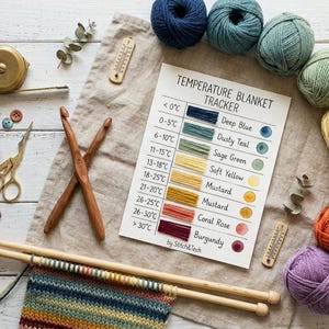 May include: A collection of knitting and crochet supplies, including yarn balls in various colors, wooden needles and hooks, scissors, buttons, and a temperature blanket tracker chart. The chart displays color-coded temperature ranges in Celsius.