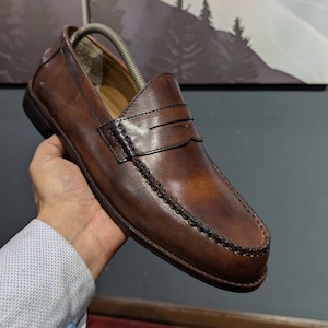 Handmade Brown Leather Penny Loafers: Classic Moc Toe Slip-On Dress Shoes