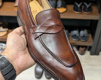 Handmade Two Tone Brown Penny Loafers – Calf Leather Dress Shoes