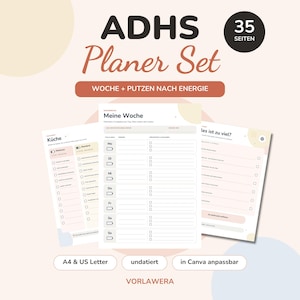 Könnte beinhalten: Ein 35-seitiges Planer-Set mit dem Titel ADHS Planer Set, das Wochenpläne und Putzpläne nach Energielevel enthält. Die Seiten zeigen Checklisten, Batterie-Symbole und deutschen Text wie Meine Woche und Küche, verfügbar in A4 und US Letter.