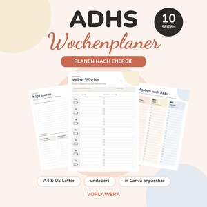 ADHD Veckoplanerare (Tyska) | Planera din vecka efter energi, max 3 uppgifter per dag | Braindump, daglig plan | Canva-mall | A4 och US Letter