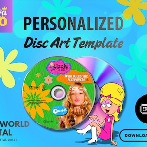 May include: A digital template for personalized disc art, featuring a DVD with the text "Lizzie McGuire" and "Who Rules the Sleepover?" on a green and yellow floral design. The image includes a cartoon character and the words "Girlworld Digital".