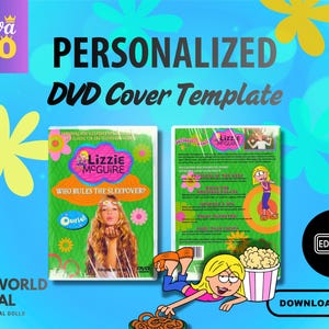 May include: A personalized DVD cover template with the text "PERSONALIZED DVD Cover Template". The design features a "Lizzie McGuire" DVD cover, a cartoon character, popcorn, and pretzels, all set against a blue background with yellow flowers.