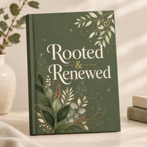 May include: A dark green hardcover book with the title Rooted & Renewed printed in white and gold lettering. The cover features a botanical illustration of green leaves, white berries, and small gold star accents across the front surface.