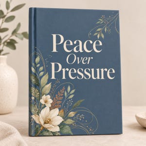 Op de afbeelding: Een gebonden boek met een donkerblauwe kaft en de witte tekst Peace Over Pressure. De voorkant is versierd met een botanische illustratie van witte bloemen, groene bladeren en dunne gouden lijntekeningen in de hoek.