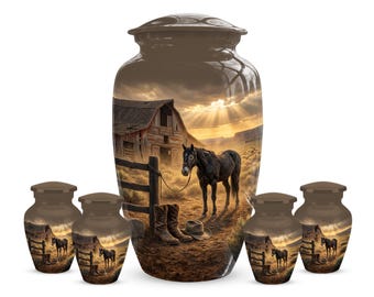Cowboy Horse Cremation Urn, Western Memorial Urns for Ashes, Horse Lover Rustic Barn Landscape