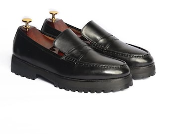 Bespoke Men’s Black Leather Penny Loafers | Chunky Custom Dress Shoes