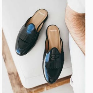 Black Leather Backless Loafers Handmade Men's Mule Slip On Dress Shoes