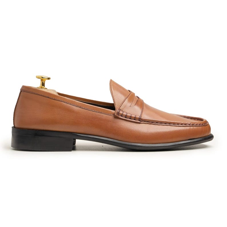 Artisan Men’s Leather Penny Loafers, hand stitched, slip-on comfort, tan brown, formal to smart casual, gift ready