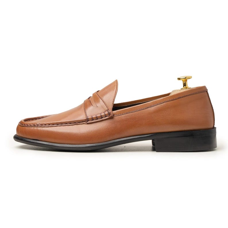 Classic Men’s Handmade Leather Loafers, penny strap, tan brown calf leather, breathable lining, formal casual, lightweight comfort