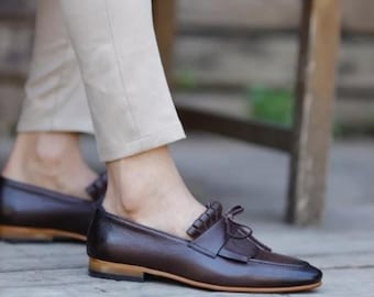 Handmade Full Grain Leather Tassel Loafers, Brown Calfskin Slip-On Dress Shoes