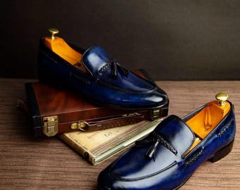 Handcrafted Blue Leather Tassel Loafers for Men – Formal Dress Shoes