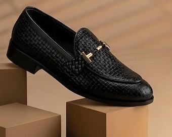 Handwoven Calf Leather Loafers, Horsebit Buckle, Black Dressy Slip-Ons