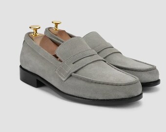 Handmade Grey Suede Loafers: Men's Leather Dress Shoes, Gift for Him
