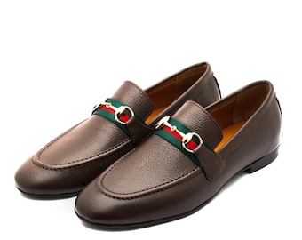 Handmade Brown Leather Loafers with Green Red Strap | Classic Horsebit Slip-On Shoes for Men