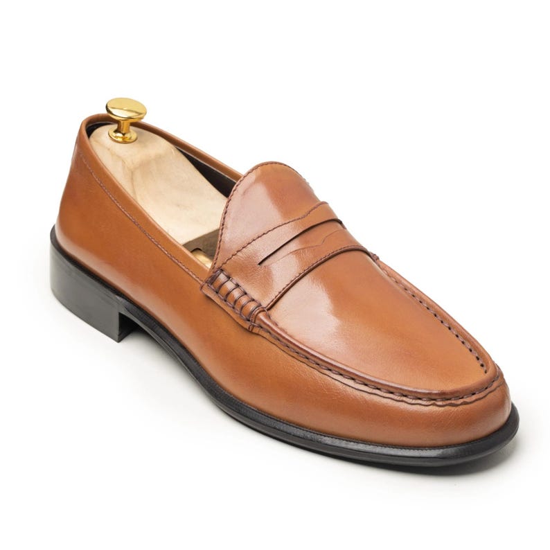 Artisan Men’s Leather Penny Loafers, hand stitched, slip-on comfort, tan brown, formal to smart casual, gift ready