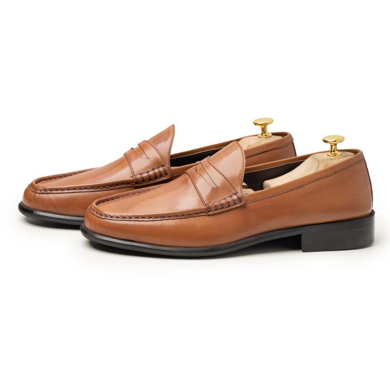 Classic Men’s Handmade Leather Loafers, penny strap, tan brown calf leather, breathable lining, formal casual, lightweight comfort