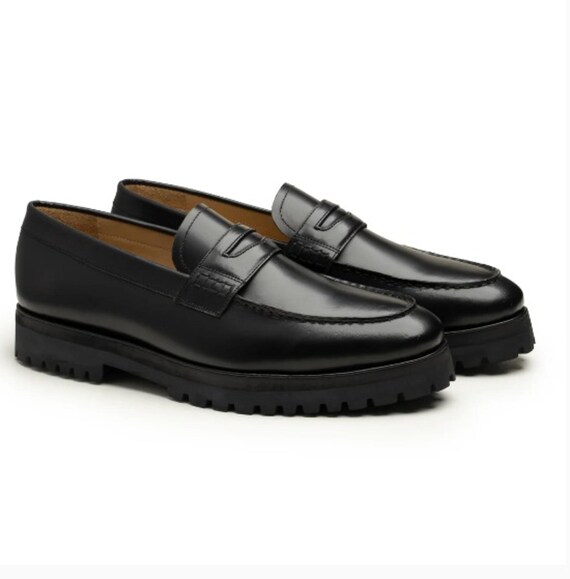 Handmade Black Leather Penny Loafers for Men, Chunky Sole Loafer, Casual Dress Shoes