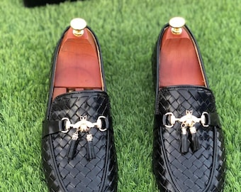 Handmade Black Woven Leather Loafers | Men’s Dress Shoes with Tassels | Formal Slip-On Shoes