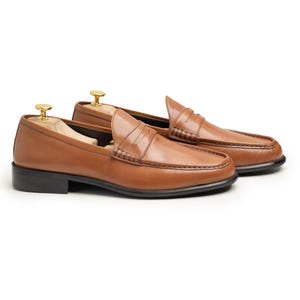 Men’s Premium Handmade Leather Loafers, penny style, dress slip-ons, tan cognac, durable stitched sole, everyday office wear