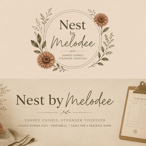 Op de afbeelding: Een beige afbeelding met de tekst "Nest by Melodee" in een sierlijk lettertype, omringd door bloemmotieven. Daaronder staat "SHARED CHORES, STRONGER TOGETHER". De afbeelding bevat ook een klembord, een mok en een vaas.