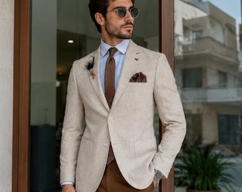 Men's Beige Linen Blazer – Elegant Slim Fit Formal Jacket for Weddings & Parties