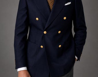 Navy Double Breasted Blazer for Men – Luxury Gold Button Formal Suit Jacket