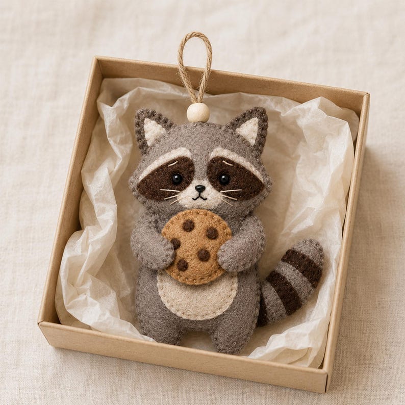 Puede incluir: Un adorno de fieltro con forma de mapache, cuerpo gris, parches oculares marr&oacute;n oscuro y cola a rayas. El mapache sostiene una galleta color canela con puntos marrones. Una peque&ntilde;a cuenta de madera y un lazo de yute cuelgan de la parte superior.