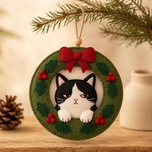 Puede incluir: Un adorno circular de fieltro con un gato blanco y negro de expresión gruñona centrado en una corona verde. La corona está decorada con bayas de acebo rojas y hojas verdes, rematada con un lazo de fieltro rojo y un cordel de yute para colgar.
