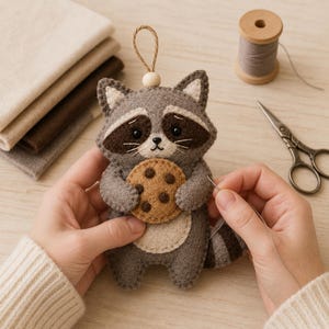 Puede incluir: Un adorno de fieltro hecho a mano con forma de mapache en tonos gris, blanco y marr&oacute;n oscuro, que sostiene una galleta color canela con manchas marrones. El mapache tiene una cola a rayas, una cuenta de madera y un lazo de yute para colgar.
