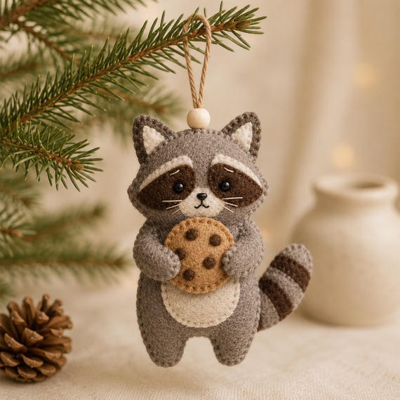 Cookie Raccoon Felt Sewing Pattern, Raccoon Ornament PDF Pattern, Funny Felt Craft, Beginner Sewing Project, DIY Decor