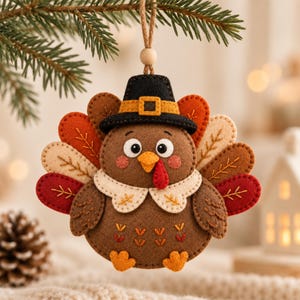 Puede incluir: Un adorno de fieltro con forma de pavo, cuerpo marrón, sombrero de peregrino negro con hebilla amarilla y cuello blanco. Las plumas de la cola están superpuestas en tonos rojo, naranja y beige con detalles bordados. Cuelga de un cordel marrón.