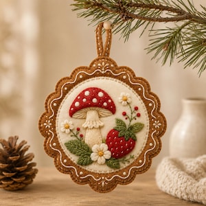 May include: A round felt ornament with a scalloped brown border and a cream-coloured centre. The design features an embroidered red and white mushroom, a red strawberry, green leaves, and small white flowers with yellow centres, hanging by a loop.