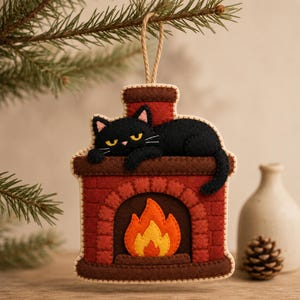Pode incluir: Um ornamento de feltro em forma de lareira de tijolos com um gato preto deitado em cima. A lareira é vermelha e castanha com uma chama amarela e laranja no interior. Um laço de corda bege está preso ao topo para pendurar este item.