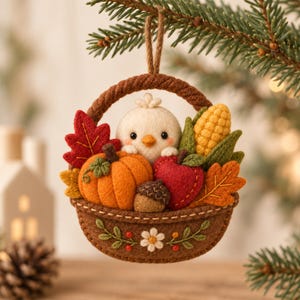 Op de afbeelding: Een vilten hangend ornament in de vorm van een bruine mand gevuld met een kleine witte vogel, een oranje pompoen, een rode appel, een gele maïskolf, een eikel en herfstbladeren. De mand is voorzien van geborduurde groene ranken en een bloem.