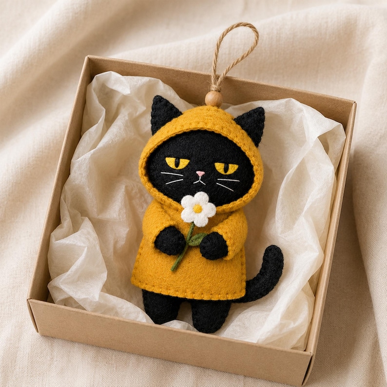 May include: A handcrafted felt black cat ornament wearing a mustard yellow hooded raincoat. The cat has yellow eyes, a pink nose, and holds a small white flower with a green stem. A brown twine loop is attached to the top for hanging.