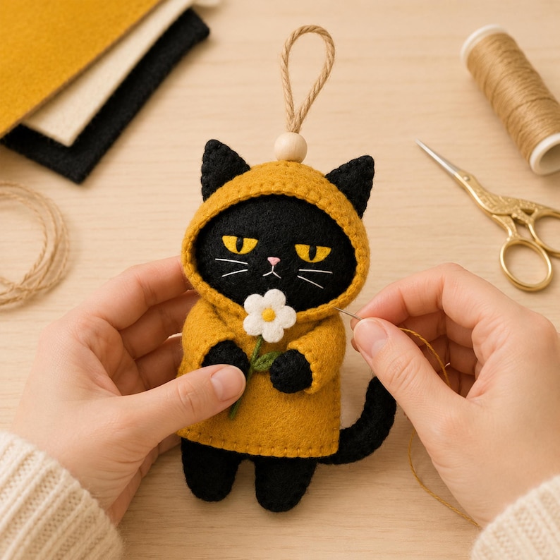 May include: A black felt cat ornament wearing a mustard yellow hooded coat and holding a small white flower with a yellow center. The cat has yellow eyes, a pink nose, and white embroidered whiskers. A jute twine loop is attached to the top.