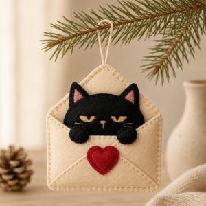 May include: A felt ornament shaped like a cream-colored envelope with a black cat peeking out from the top. The cat has yellow eyes and pink inner ears. A small red felt heart is stitched onto the front of the envelope, which hangs from a string.