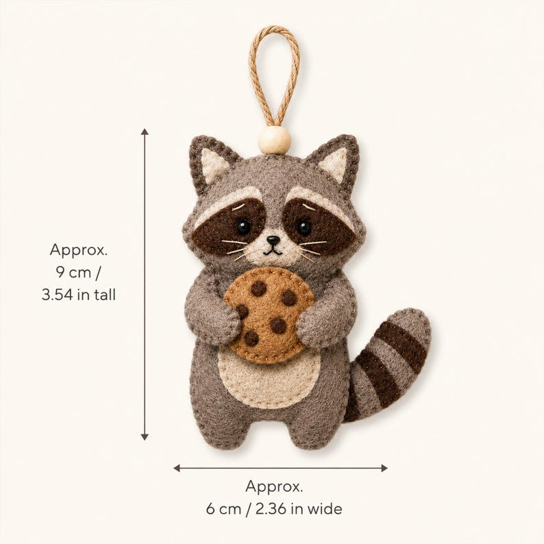 Puede incluir: Un adorno de fieltro con forma de mapache que sostiene una galleta con chispas de chocolate, en tonos gris y marr&oacute;n, con un lazo de yute y una cuenta de madera. Mide aproximadamente 9 cm de alto y 6 cm de ancho seg&uacute;n el texto.