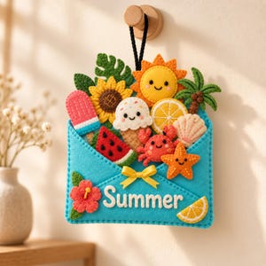 May include: A felt wall hanging shaped like a blue envelope, featuring the word Summer in white script. It is decorated with felt icons including a sunflower, sun, palm tree, ice cream, watermelon slice, crab, seashell, starfish, and hibiscus.